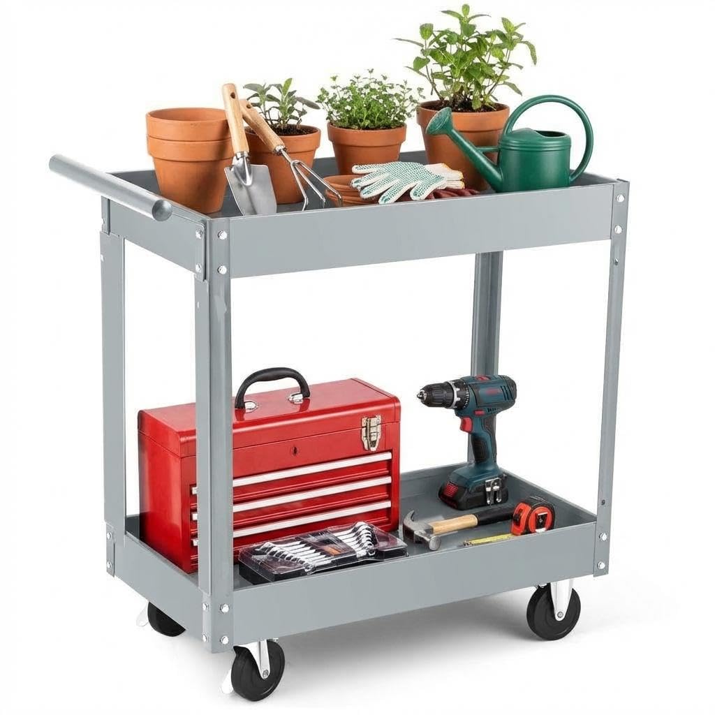 Werkzeugwagen Rollbar 2 Ebenen, Bis 150 kg Belastbar, Metall Werkstattwagen Mit Rollen, Schwerlast S