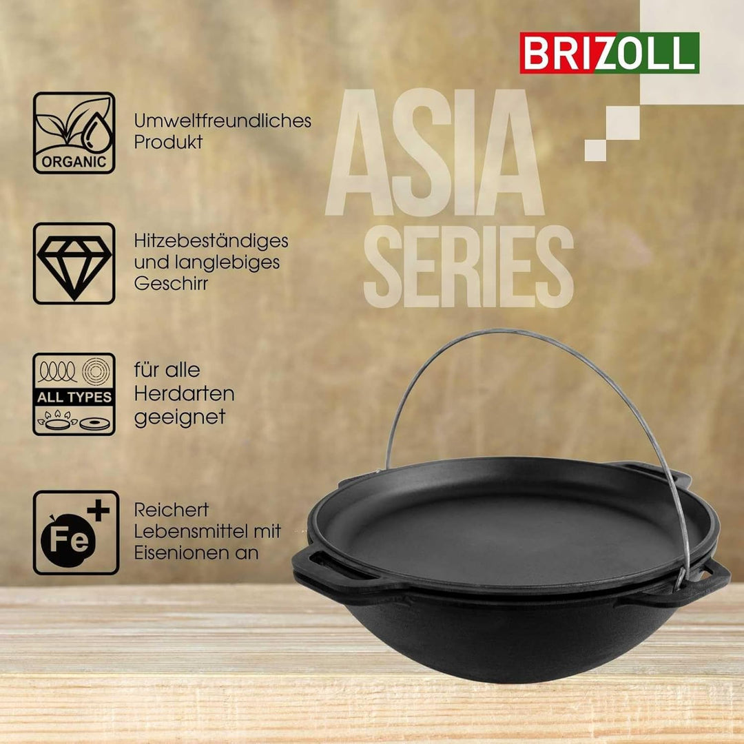 4BIG.fun 10L Gusseisen Schwenktopf Kazan Asia Kasan mit Deckel-Bratpfanne aus Gusseisen Grillwok Wok