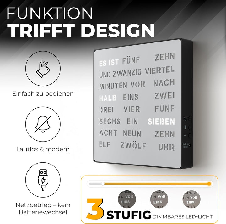 Bada Bing Edle LED Wortuhr Uhr Deutsche Wort Anzeige mit USB Kabel Metall Optik Silber Design Wanduh