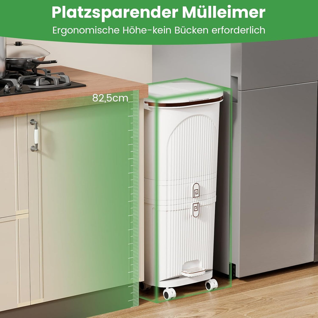 COSTWAY Mülleimer Küche, Mülltrennsystem 3 Fächer, 2 x 12L Inneneimer & 14L Treteimer, Abfalleimer m
