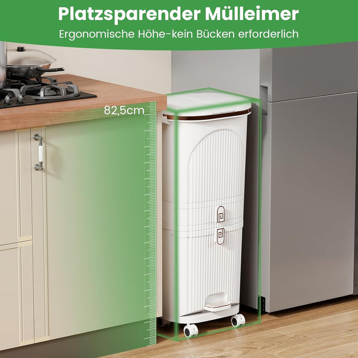 COSTWAY Mülleimer Küche, Mülltrennsystem 3 Fächer, 2 x 12L Inneneimer & 14L Treteimer, Abfalleimer m