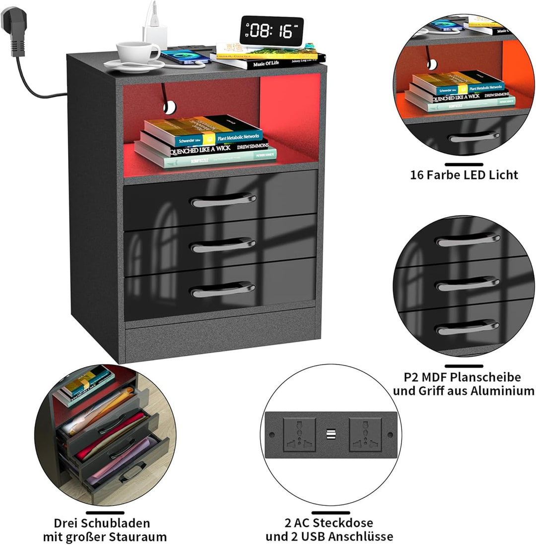 PIPIPOXER 2er Set Nachttisch mit Steckdose & USB, Nachttisch Schwarz Hochglanz, Nachttische mit 3 Sc