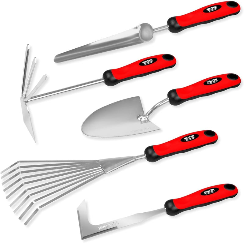 WALTER Gartenwerkzeug Set 5-TLG., Stiel mit einfachem Aufhängeloch, langlebiger Kopf aus rostfreiem