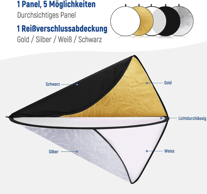 NEEWER 110cm Lichtreflektor Lichtdiffusor 5 in 1 zusammenklappbare Multischeibe mit Tasche, durchsch