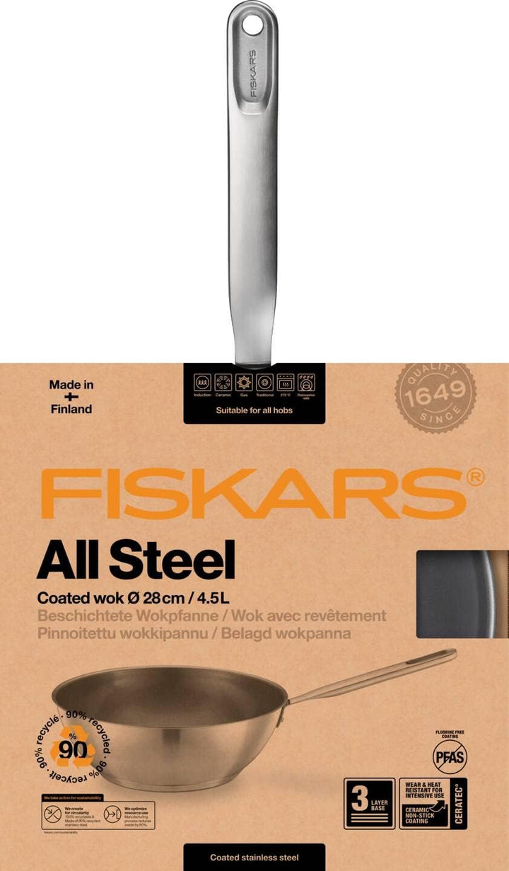 Fiskars Wokpfanne, Ø 28 cm / 4,5 L, Beschichtete Pfanne, Für alle Kochfelder geeignet, Recycelter Ed