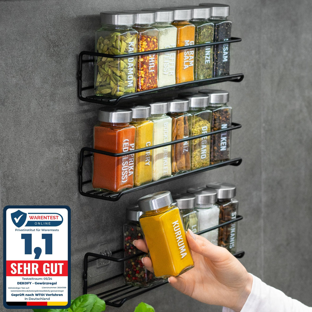 DEKOFY® Gewürzregal mit 18 Gläsern - zum Aufhängen für Wand &amp; Schranktür - ohne Bohren - Gewürzregal
