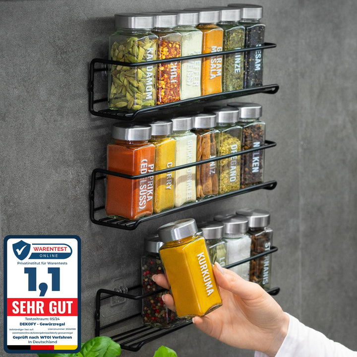 DEKOFY® Gewürzregal mit 18 Gläsern - zum Aufhängen für Wand &amp; Schranktür - ohne Bohren - Gewürzregal