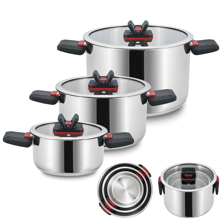 Linnuo Sma-Line 3tlg Topfset Induktion Kochtopf Set Edelstahl Töpfe mit Glasdeckel mit klappbaren Ku