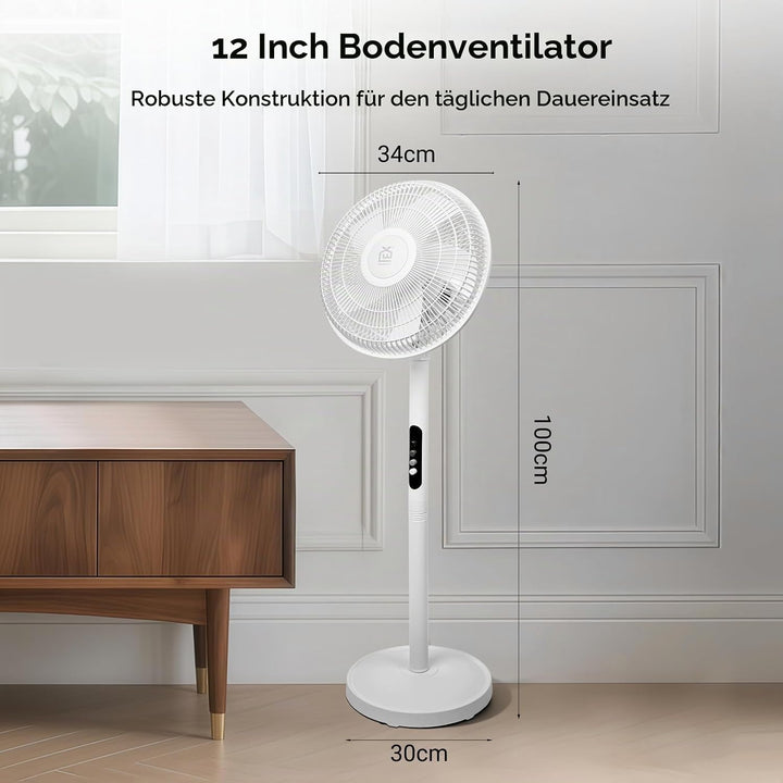 EXTRASTAR Standventilator 12 Zoll mit 3 Windstufen, 70° automatischer Schwenkfunktion &amp; 10° manuelle