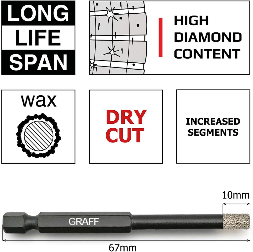 GRAFF Diamantbohrer Fliesenbohrer Set 6 I 8 I 10 mm für Fliesen Glas Кeramik Granit Stein - Feinstei