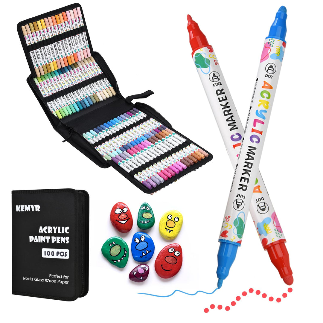 KEMYR 100 Farben Acrylstifte Set mit Doppelspitze, Acrylmarker Wasserfeste für Steine, Holz, Glas &
