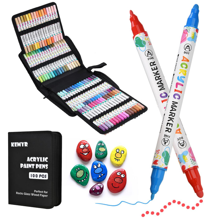 KEMYR 100 Farben Acrylstifte Set mit Doppelspitze, Acrylmarker Wasserfeste für Steine, Holz, Glas &