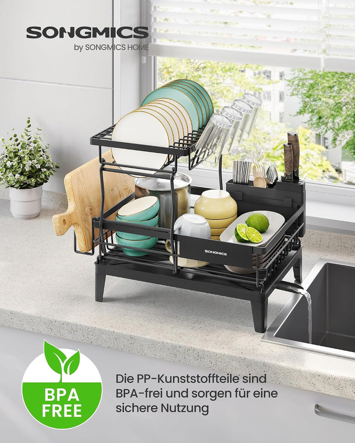 SONGMICS Abtropfgestell Geschirr, 2 stufiger Geschirr-Abtropfständer, 360° drehbarer und ausziehbare