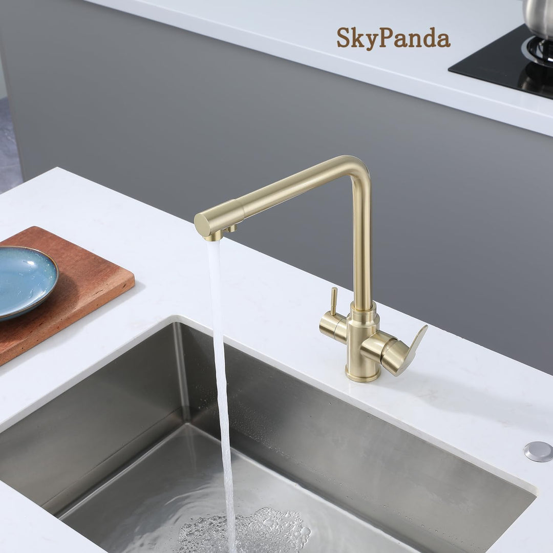 SkyPanda 3 Wege Küchenarmatur, Gold Trinkwasser Küchenarmatur mit Doppelhebel, Durchdringung 3-in-1,