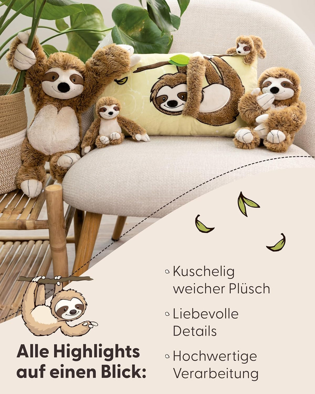 NICI Kuscheltier Faultier Slobby 50cm braun - Stofftier aus weichem Plüsch, niedliches Plüschtier zu