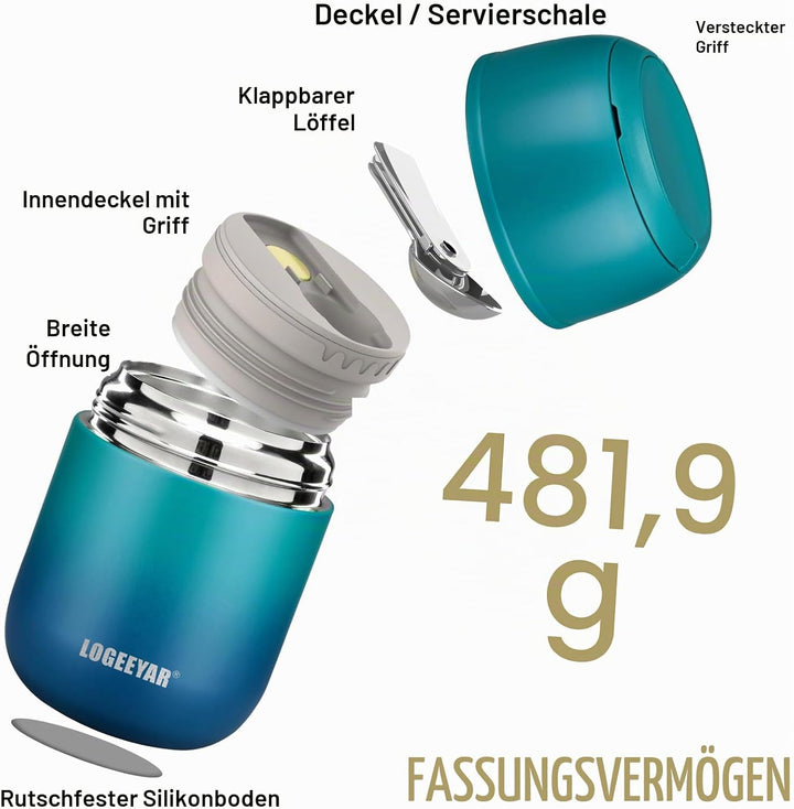 Itslife Thermobehälter für Essen 500ml Thermobehälter Edelstahl Warmhaltebehälter mit faltbaren Löff