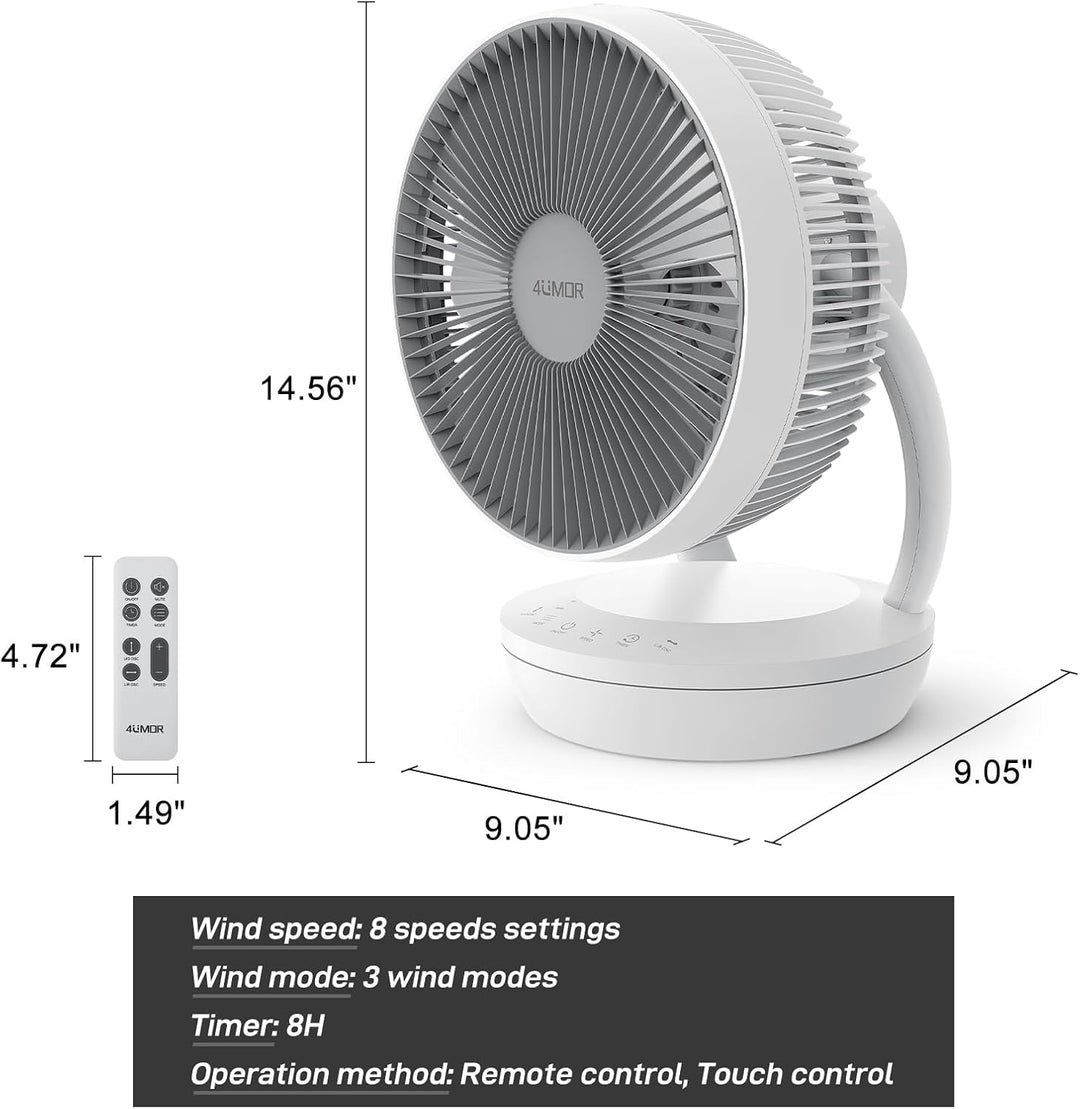4UMOR Ventilator leise, DC Motor, 20dB Ultra Powerful Tischventilator, mit Touchpanel, 8H Timer, 3 W