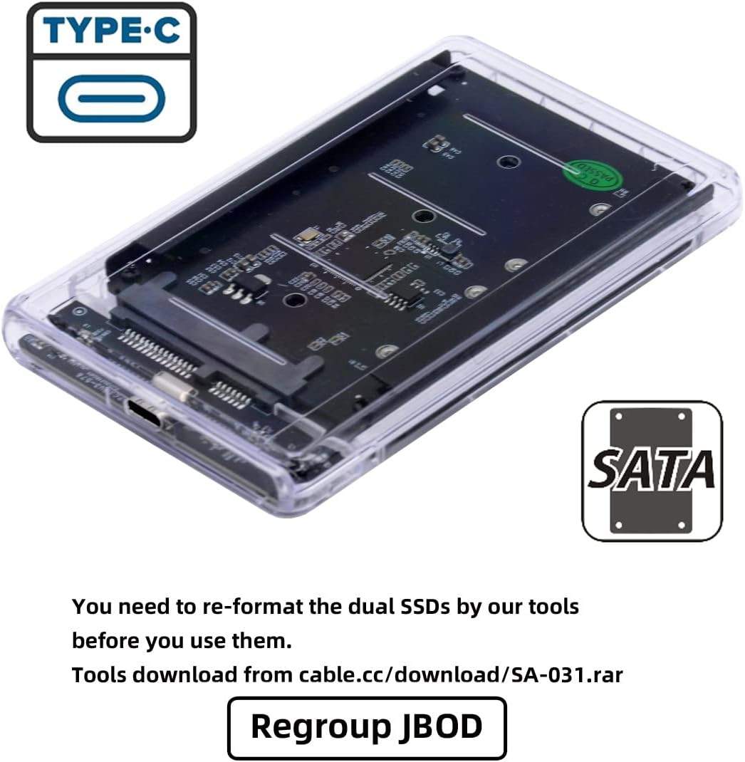NFHK Dual MSATA Mini-SATA SSD Karte JOBD Raid0 Span-Bridge auf USB 3.0 Type-C USB-C 2,5 Zoll SATA Co