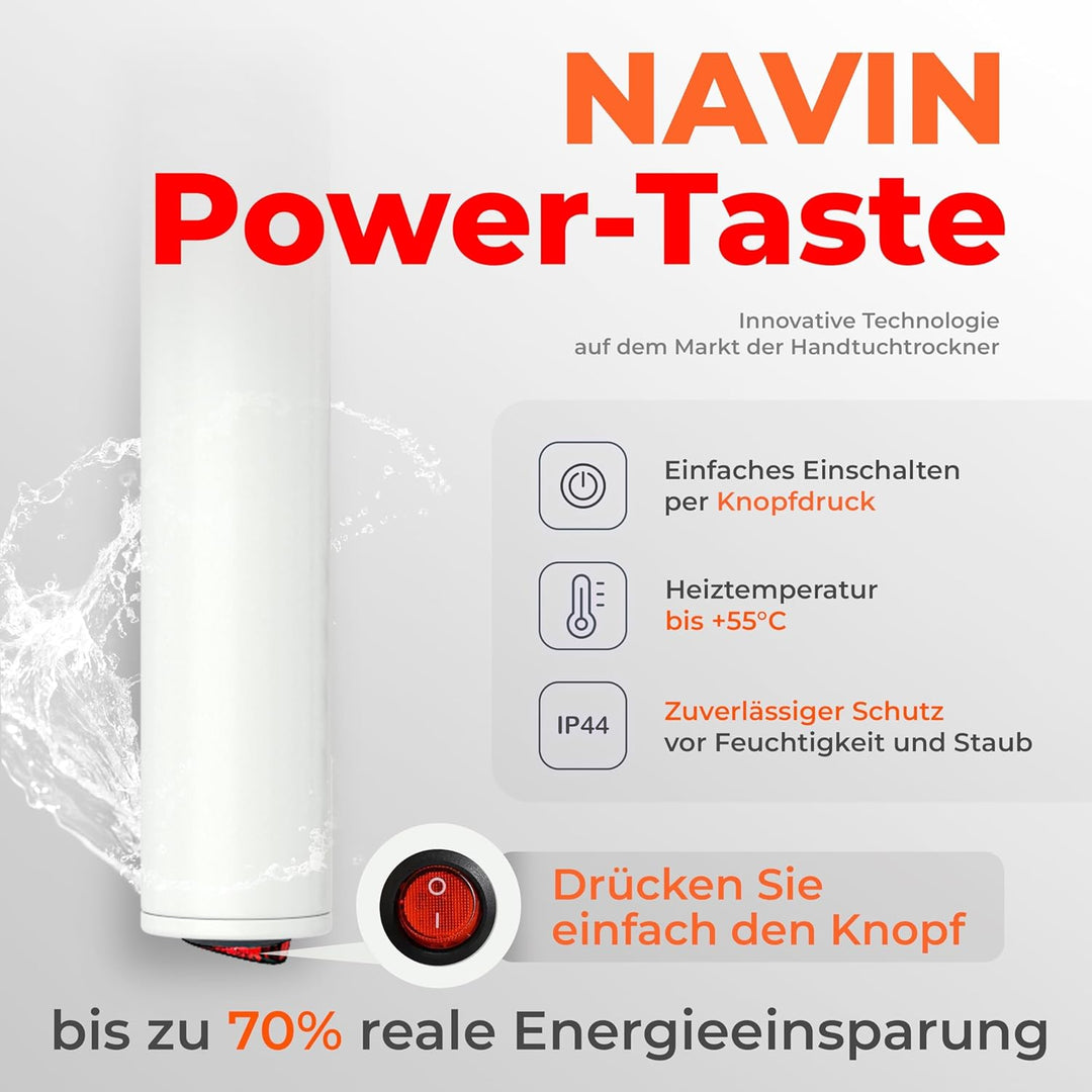 NAVIN Elektrischer Handtuchtrockner Camellia mit Druckknopf – Weiss (Weiss - Linkes, 480х800) Weiss