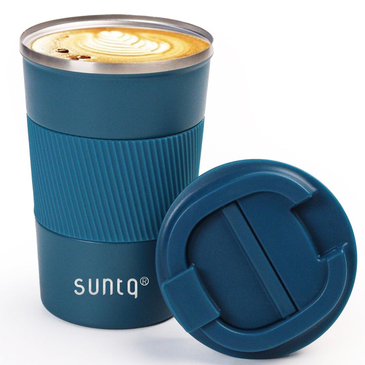 SUNTQ Kaffeebecher to go Thermo aus Edelstahl - Thermobecher mit Gummierte Manschette Doppelwand Iso