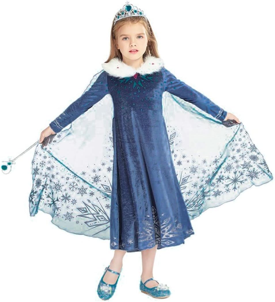 Elsa Prinzessin Kleid,Frozen Elsa Kostüm für Mädchen Kleid mit Zubehör,Schneeflocke Plüschkragen Kle