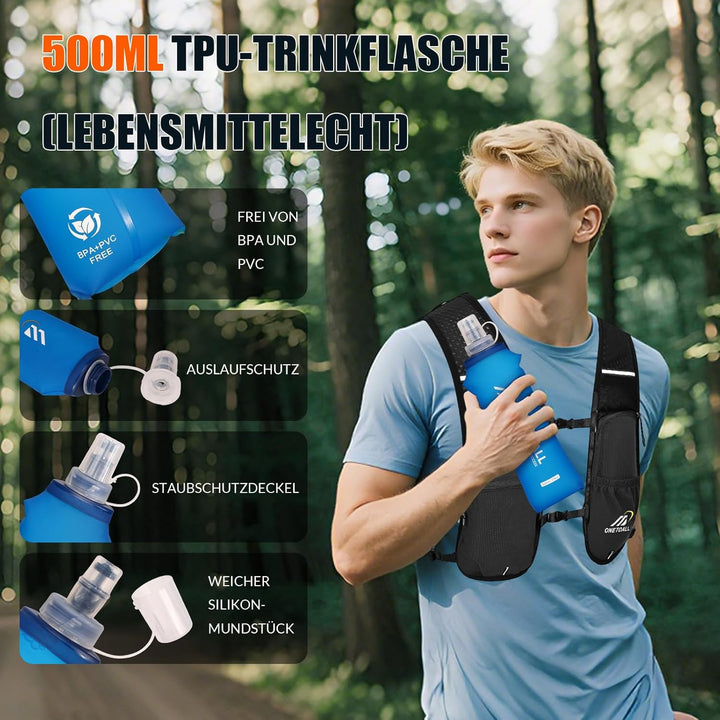 Laufweste Damen mit 500ml Trinkflasche/2L Trinkblase, Leichter Trinkrucksack Laufen Herren 6L, Runin
