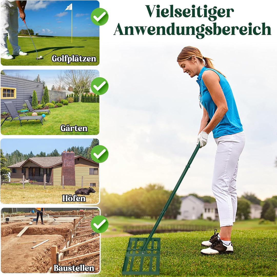 Lawn Leveling Rake Rakel 75x25 cm Grün, Verstellbarer Nivellierrechen 95,5–185 cm mit Edelstahl-Grif