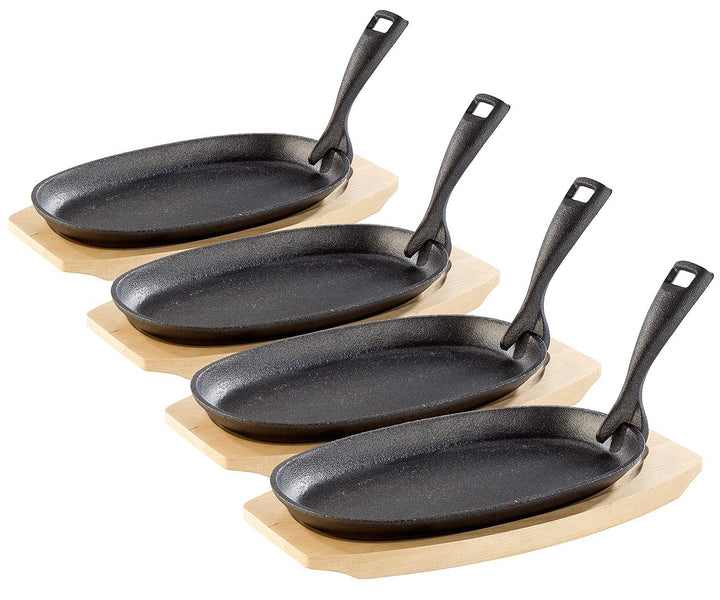 Tornwald-Schmiede Servierpfännchen: 4 Profi-Servierpfannen, Gusseisen, mit Untersetzer, 24x14x2,2 cm