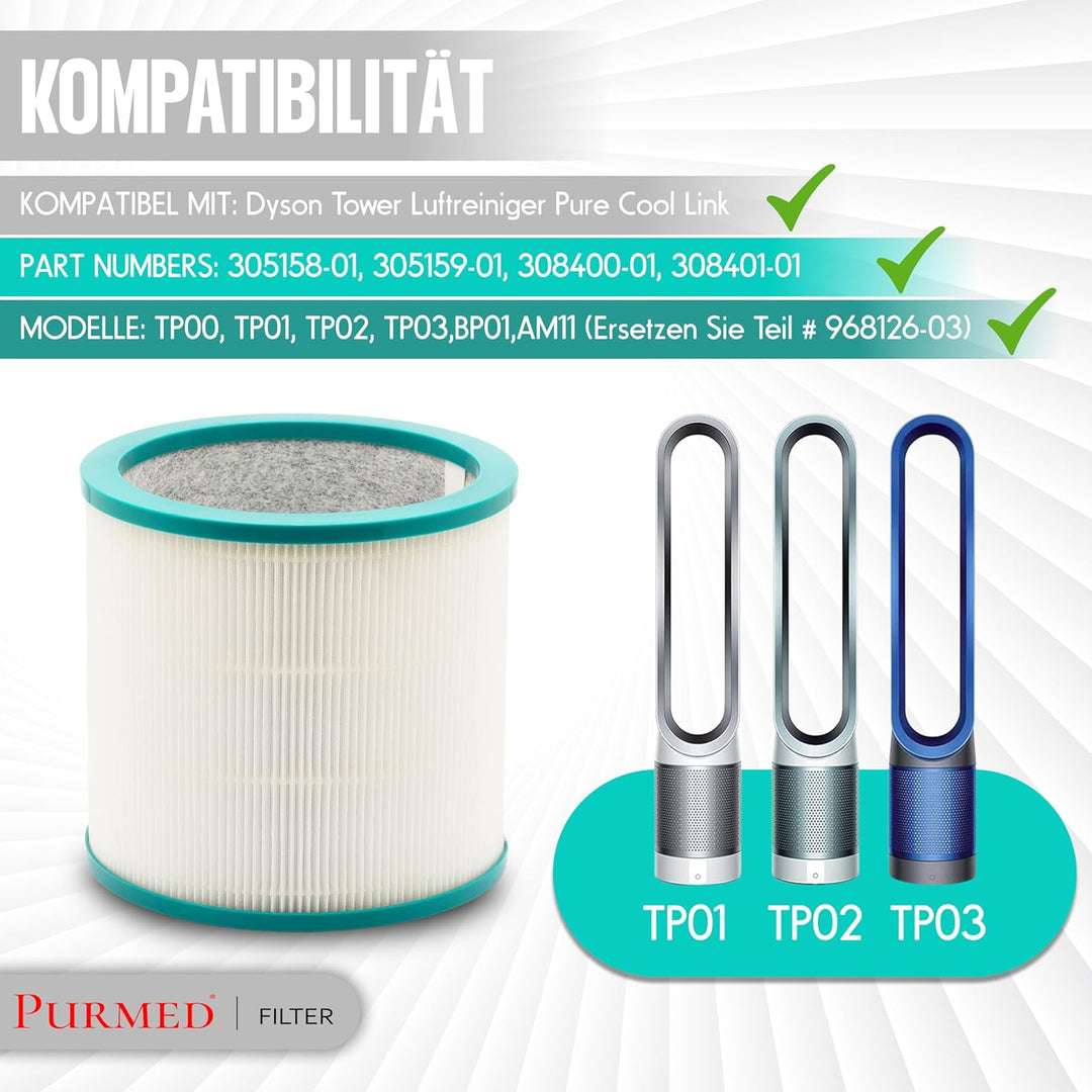 PURMED Kompatibel mit Dyson TP02 TP03 TP00 AM11 BP01 Ersatzfilter - | Luftreiniger gegen Hausstaub,