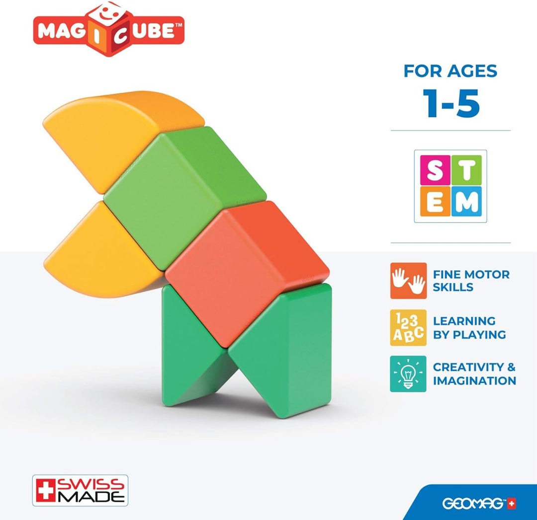 GEOMAG - Magicube 1+ Formen - Magnetische Blöcke für Kinder - 4 Farben und Formen - 6 Würfel - 1-5 J
