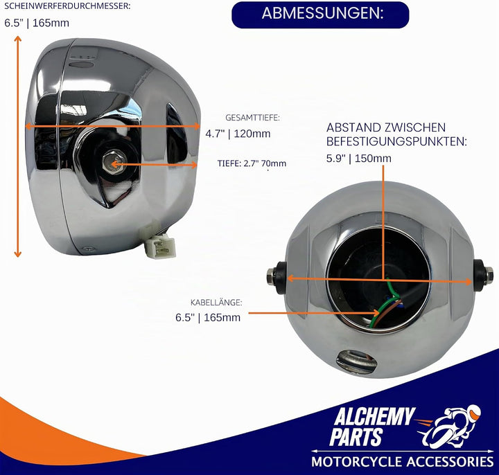 Alchemy Parts Chrom Motorrad Scheinwerfer 6.5 inch Durchmesser 12V 35W E-Geprüft