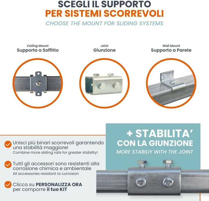 TENDAGGIMANIA® Schiebetürsystem Set für Schiebetüren Vorhangschiene aus verzinktem Eisen MR3, 3x3cm,