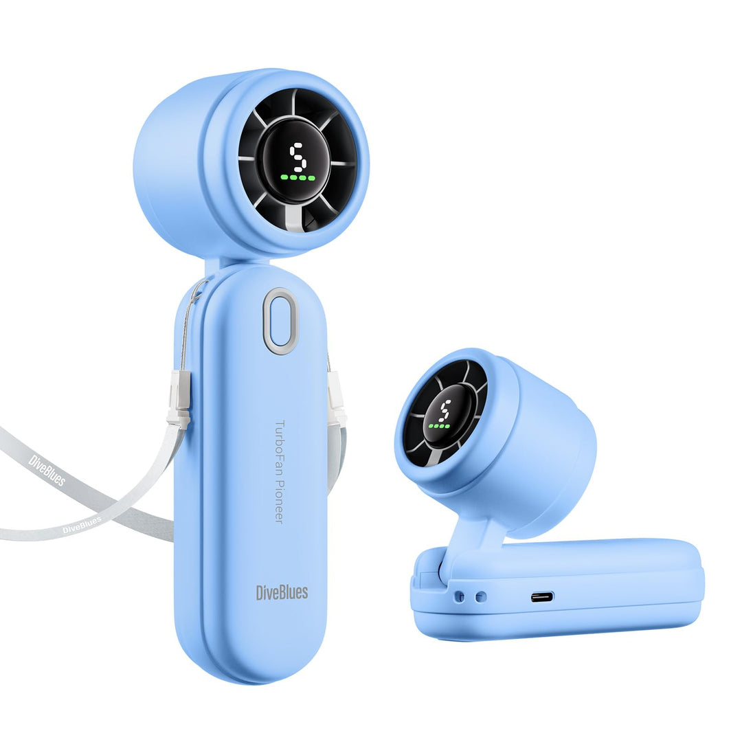 Diveblues 3-in-1 Handventilator Turbo Ventilator mit 4000mAh USB-Akku Aufladbar, 5 Stufen, Faltbar T
