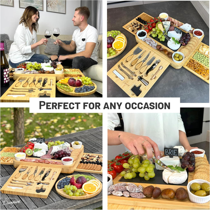Bambus Käsebrett und Messer-Set Keramik-Schalen Weinöffner – 100% Bio-Holz Serviertablett Charcuteri