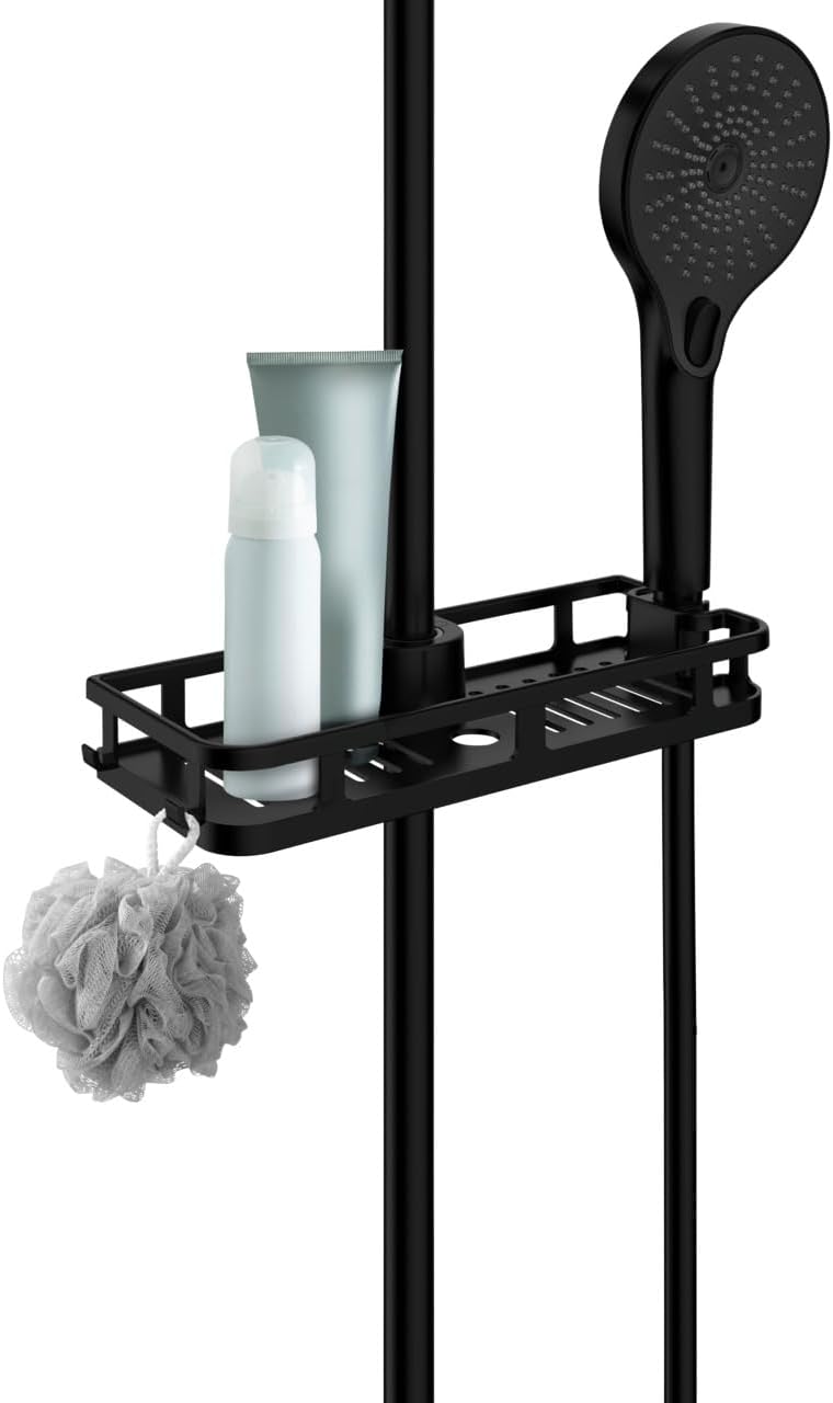 WENKO Duschablage Mod. Libertà Schwarz, Duschregal mit Haken und Duschkopfhalter aus Kunststoff, Anb