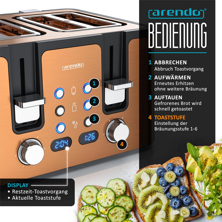 Arendo - Toaster 4 Scheiben Edelstahl - mit Brötchenaufsatz - LED Anzeige Restzeitanzeige – Doppelwa