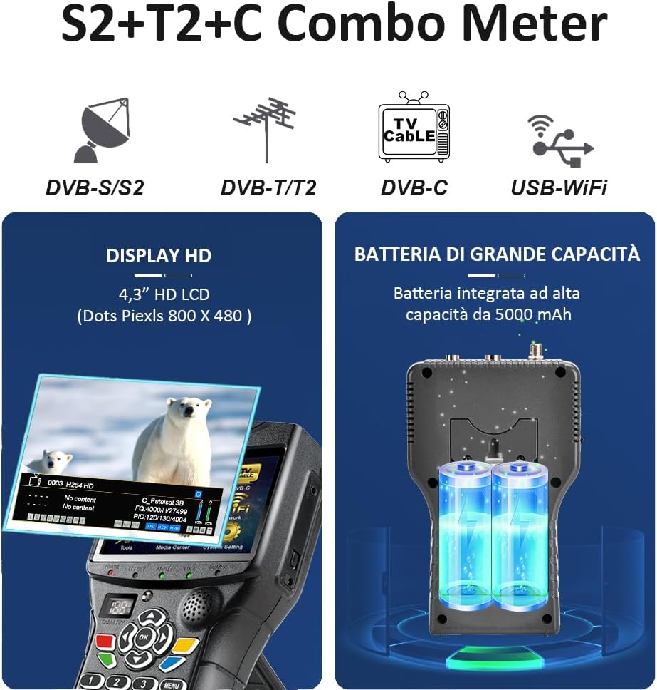 VF9930 Max Sat Finder HVEC 10bit, Satelliten Finder mit Bildschirm 4,3" LCD und TV DVB-S2/S/T2/T/C E