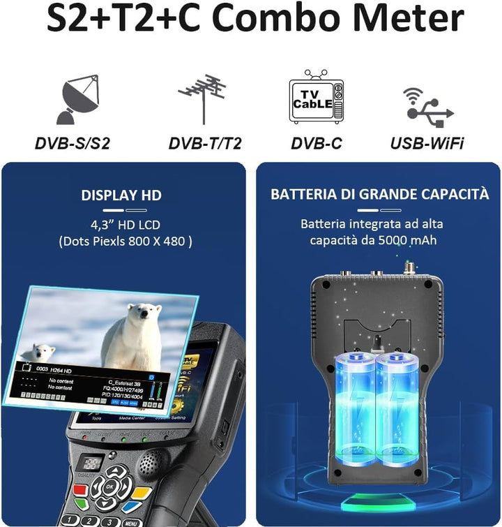 VF9930 Max Sat Finder HVEC 10bit, Satelliten Finder mit Bildschirm 4,3" LCD und TV DVB-S2/S/T2/T/C E