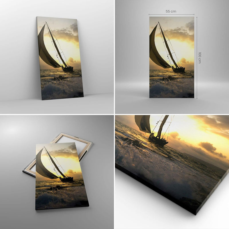 Bilder auf Leinwand 55x100cm Leinwandbild mit Rahmen Schiff Sonnenuntergang Sonne Landschaft Gross W