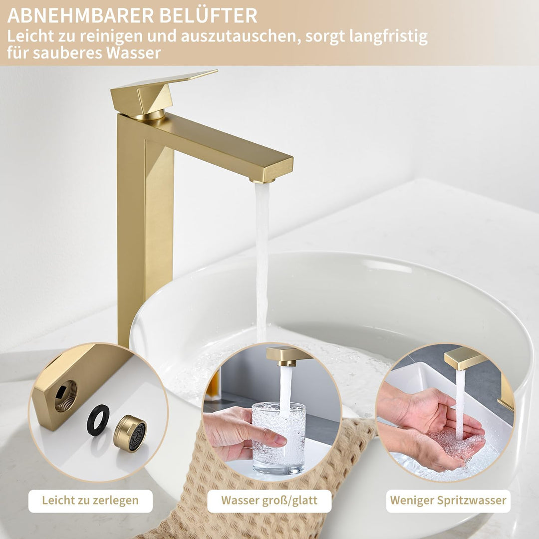 Wasserhahn Bad Gold - Waschtischarmatur Hoch aus Edelstahl mit Geräuscharmem Keramischem Ventilkern,