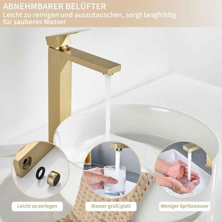 Wasserhahn Bad Gold - Waschtischarmatur Hoch aus Edelstahl mit Geräuscharmem Keramischem Ventilkern,