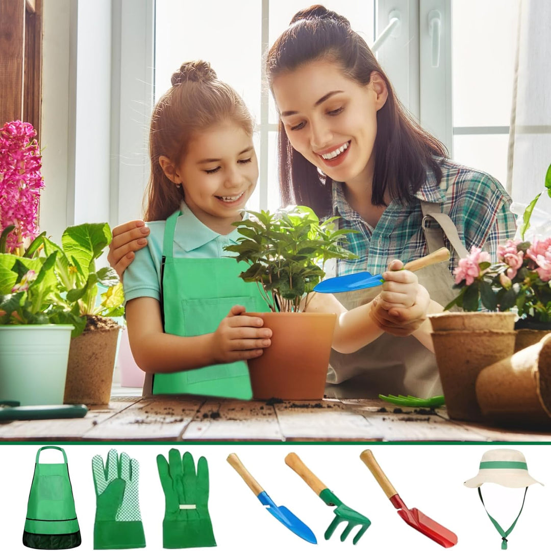 Kinder-Gartenset, 7-teilig, pädagogisch, für Kleinkinder, Gartenarbeit, inklusive Schürze, Sprühgerä