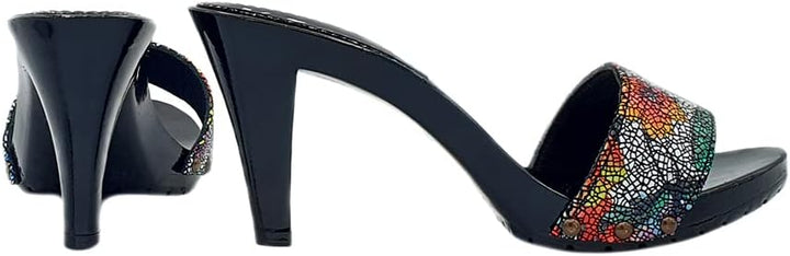 Kiara Shoes SCHWARZE Holzschuhe mit verziertem Lederobermaterial - 9 cm Absatz - K6503 PIC NERO (40