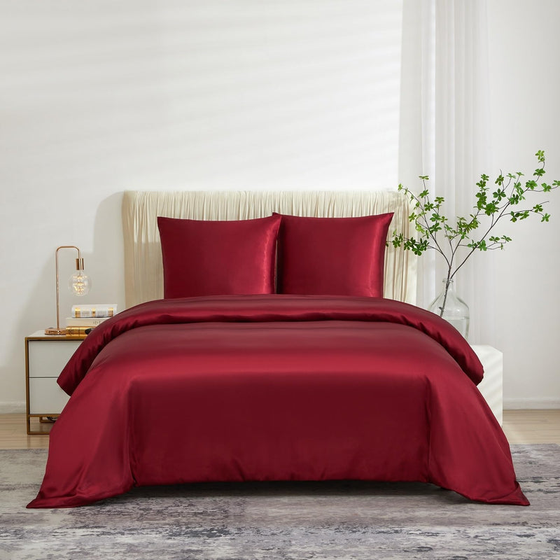 Luowei Satin Bettwäsche 155x220 3tlg Weinrot Einfarbig Uni Glänzend Glatt 1 Bettbezug mit 2er Set 80