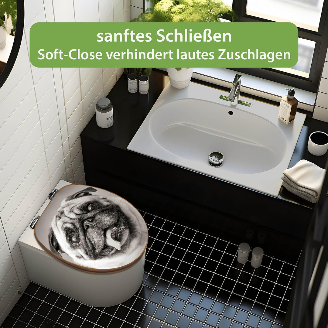 banjado® Design WC Sitz Bambus Absenkautomatik mit Motiv Mops Porträt/Toilettendeckel mit Absenkauto