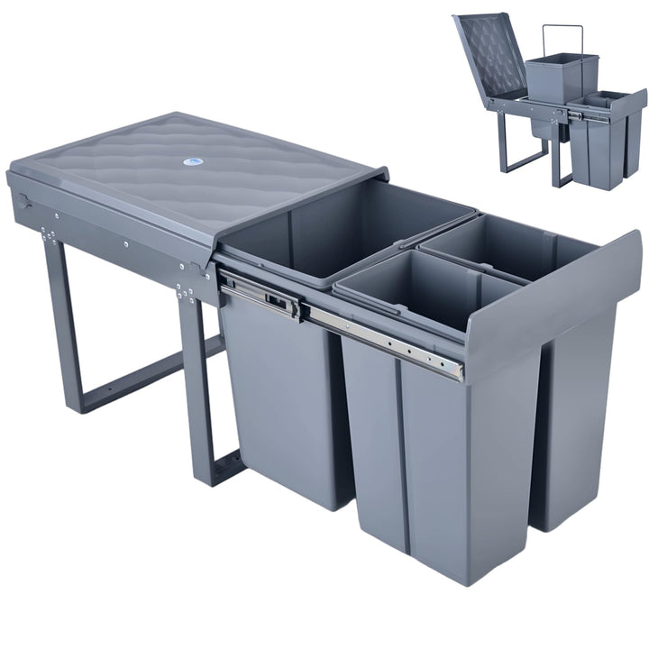Einbaumülleimer ausziehbar Mülltrennsystem, Stahlrahmen, 20L+2x10L Grau 20L+2x10L, Grau 20L+2x10L