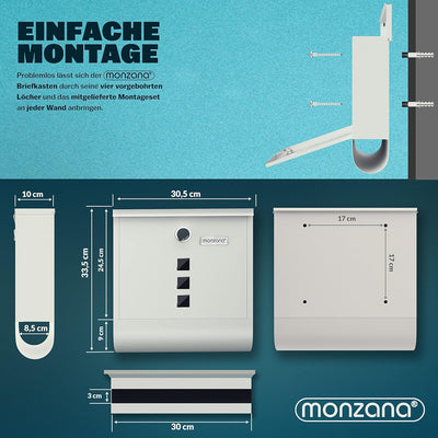 MONZANA® Design Briefkasten Stahl mit Zeitungsfach Sichtfenster Namensschild 2 Schlüssel Postkasten