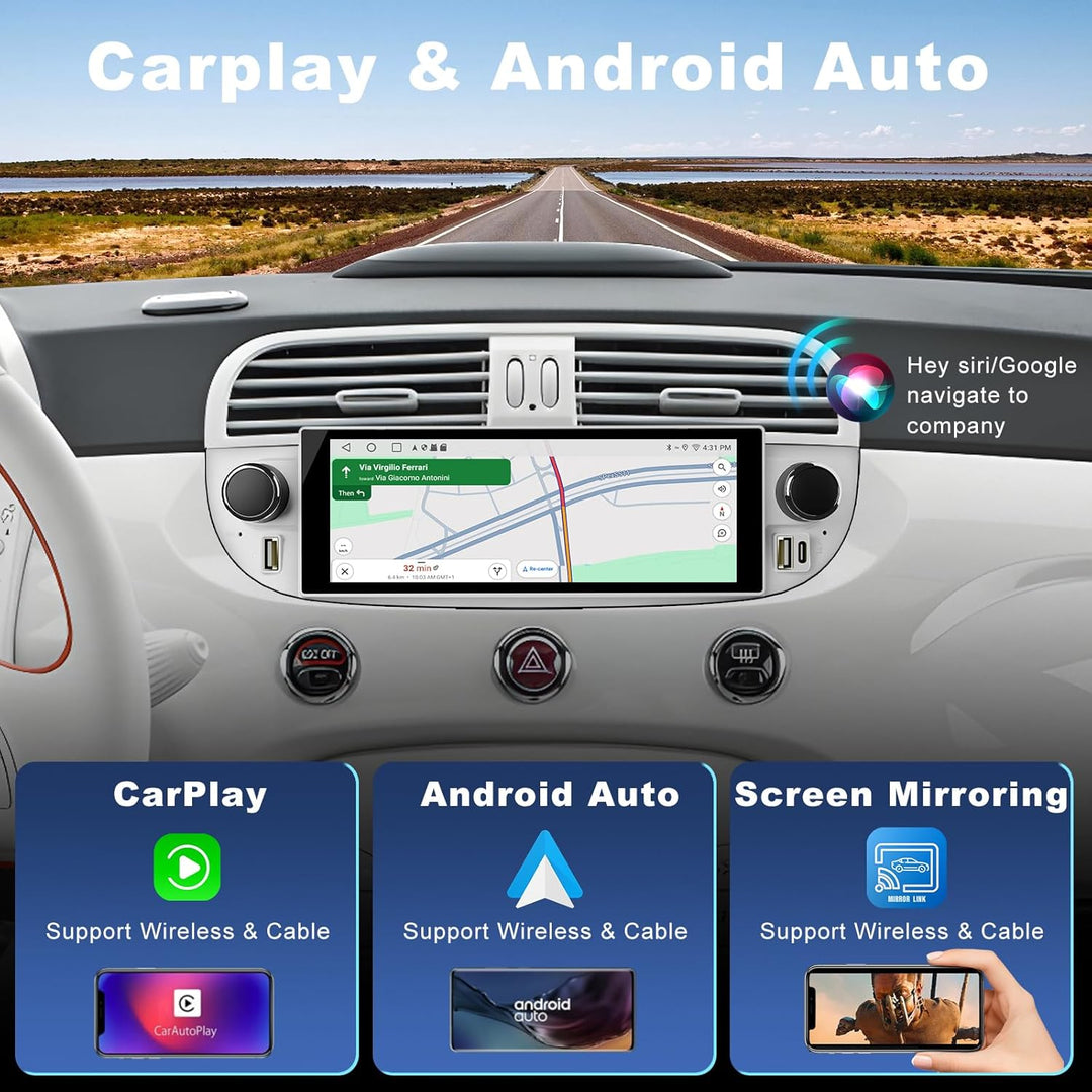 Autoradio für FIAT 500 2007-2015 mit Android Auto und CarPlay Wireless, RDS Car Radio Android 13 Ste
