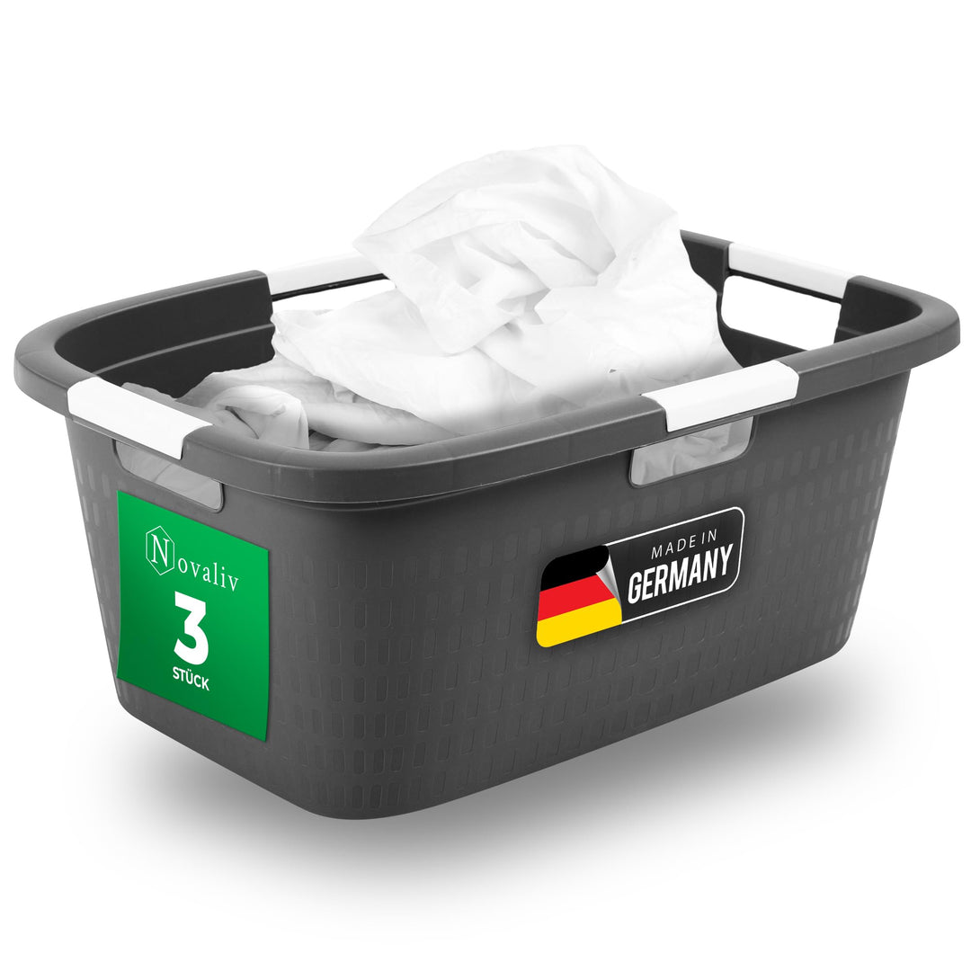 Novaliv 3 Stück Wäschewanne mit 4 Griffen 40L Anthrazit, Wäschebox Set Wäscheeimer Wäschebehälter fü
