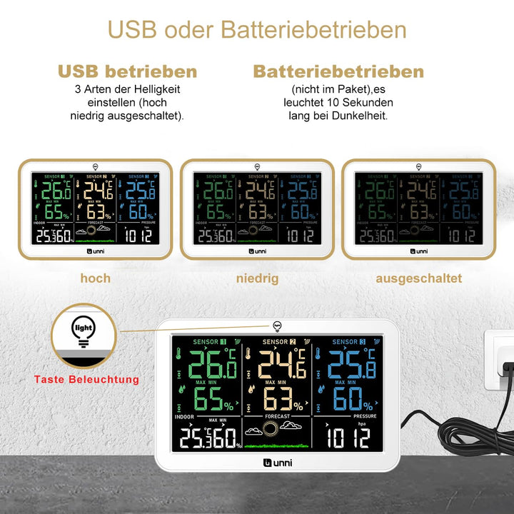 Funk Wetterstation mit 3 Aussensensoren USB und Batteriebetrieb, Funkwetterstation mit 100M Reichwei